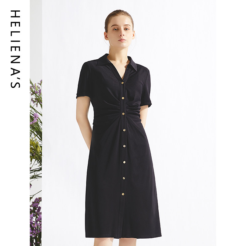 海兰丝新款桑蚕丝短袖连衣裙女修身显瘦气质百搭裙子