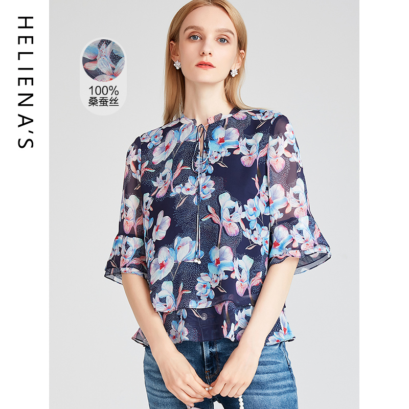 百搭风五分袖圆领真丝碎花小衫