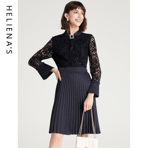 海兰丝春季新款气质名媛长袖蕾丝百褶裙复古轻熟风收腰连衣裙