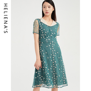 海兰丝HOT夏季新款气质V领收腰A字裙中国风改良蕾丝旗袍连衣裙女