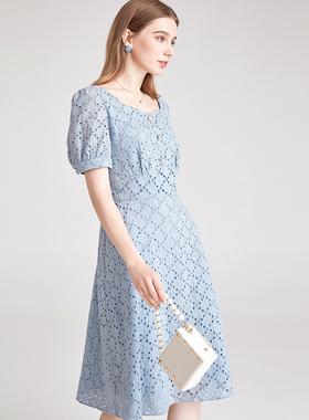 海兰丝HOT推荐夏新款法式复古短袖A字裙子气质收腰镂空蓝色连衣裙