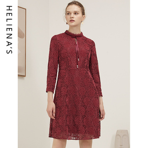 海兰丝2024秋冬新款商场同款气质长袖红色连衣裙女人味蕾丝A字裙