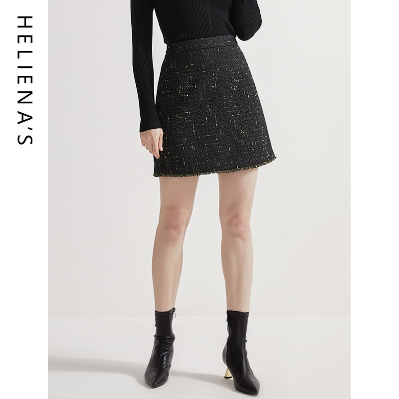 海兰丝2024秋冬新款复古小香风短裙百搭高腰显瘦黑色一步半身裙女