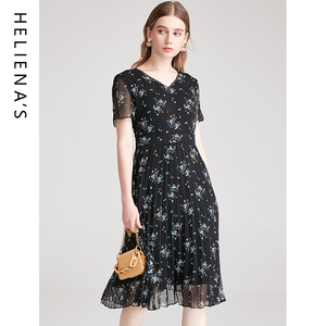 海兰丝春夏新款气质甜美V领碎花A字裙收腰显瘦雪纺短袖连衣裙
