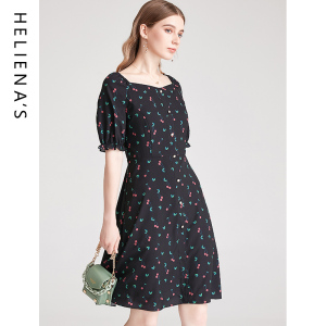 海兰丝HOT推荐春夏新款甜美小个子黑色碎花收腰裙方领雪纺连衣裙