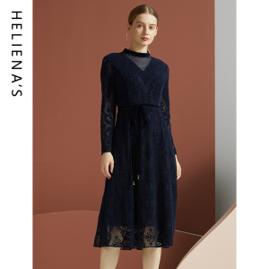 海兰丝2024秋冬新款商场同款长袖中长款修身复古打底蕾丝连衣裙女