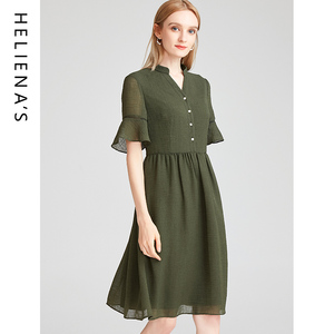 海兰丝HOT推荐夏新款轻熟风V领收腰A字裙气质短袖纯色雪纺连衣裙