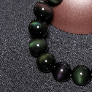 黑曜石手链 双彩眼黑曜石手串 绿眼纯黑耀石饰品 天然黑曜石