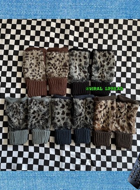 VIRAL SPREAD 90s豹纹毛毛古早味手套 y2k辣妹毛线针织半指手套