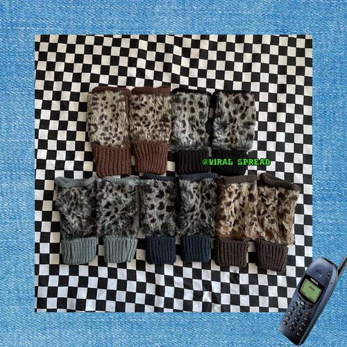 90s辣妹y2k豹纹毛线针织半指手套