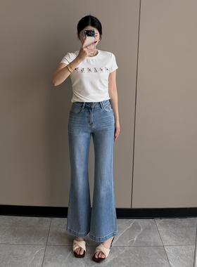 清新~莱赛尔四面弹微喇牛仔裤女2026春夏高腰显瘦阔腿喇叭长裤子