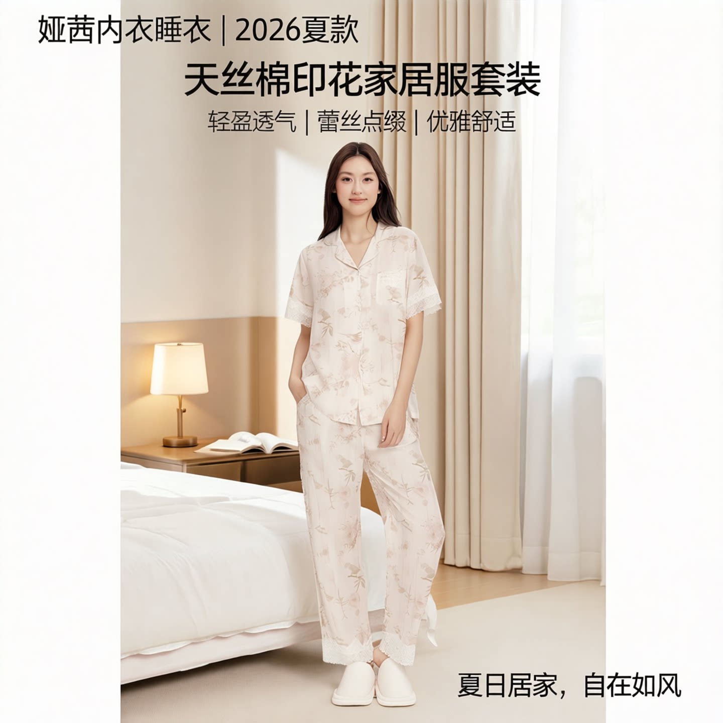 女印花天丝棉翻领短袖长裤家居服