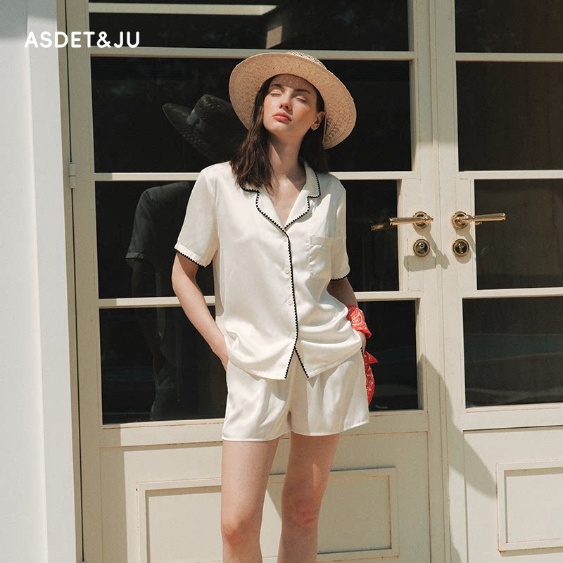女琉璃丝翻领短袖短裤家居服套装