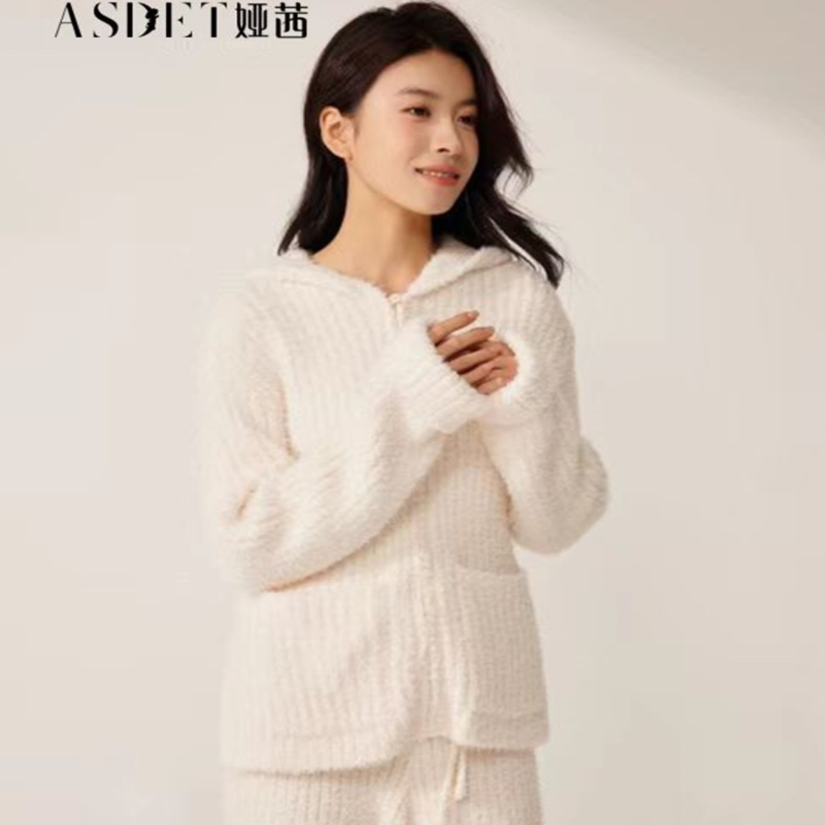 女士连帽开襟半边绒家居服套装