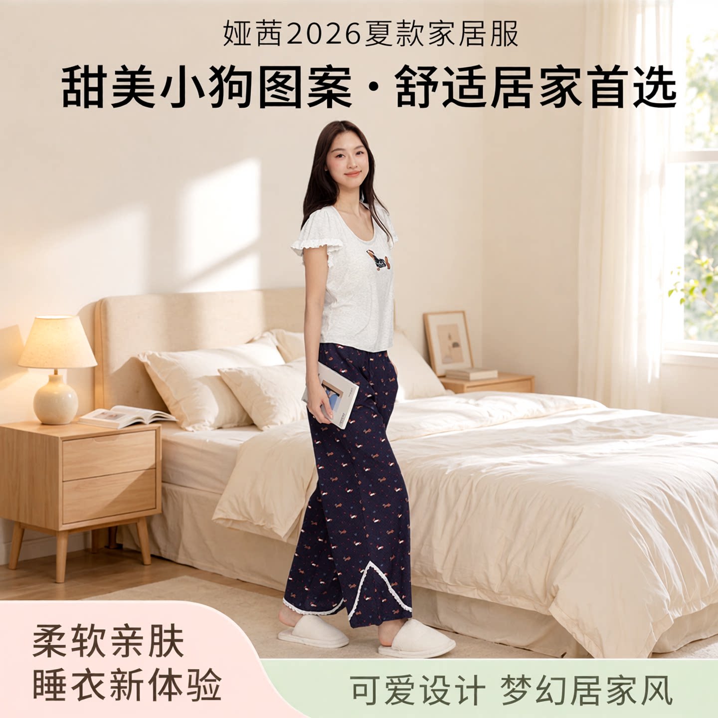 甜美可爱女圆领短袖长裤家居服套