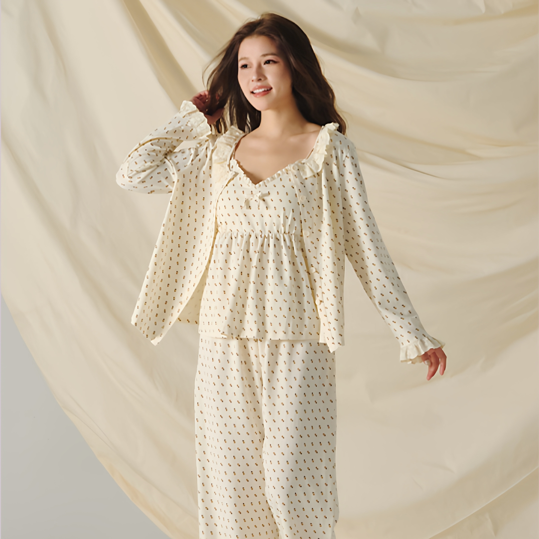 女印花圆领长袖长裤吊带家居服套