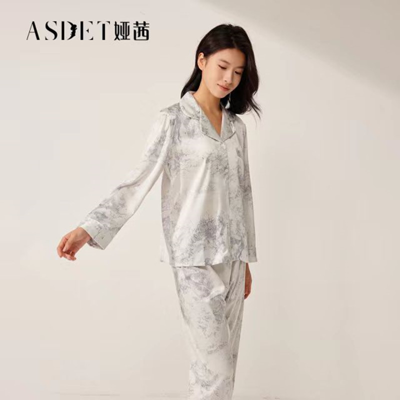 娅茜内衣睡衣女2024秋冬新女琉璃丝山水花翻领长裤长裢家居服套装