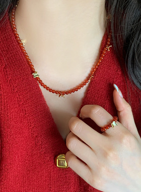 新款中国风天然石红色玛瑙蝴蝶项链新春轻奢气质毛衣链女潮流百搭