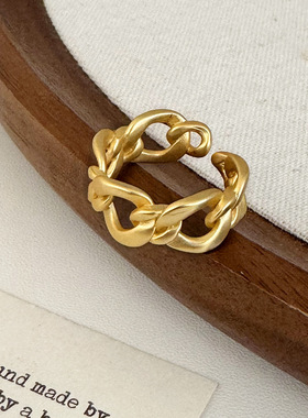 跨境外贸小众高级感几何链条戒指开口可调节镂空铜镀真金轻奢戒指