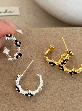 简约轻奢高级感黑色锆石C形花朵耳钉小众设计感个性气质时尚耳饰