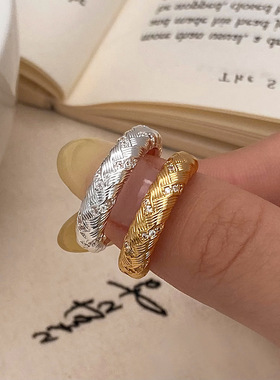 中古风vintage~高级质感闪钻复古拉丝宽版戒指小众设计轻奢可调节