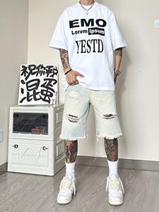 WH92*P48 严选直播品质 夏破洞水洗牛仔直筒宽松五分裤休闲短裤男图片