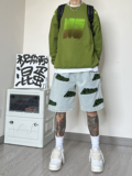WH90*P55高街美式复古穿搭植绒刺绣直筒宽松牛仔裤五分短裤男潮，男装牛仔裤，电商A007-3