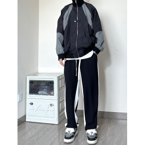 BK02*P60 夏直筒宽松休闲拼接运动裤高街美式潮百搭款冰丝裤男图片