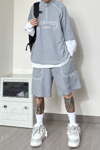 BK05*P90 控129 整套销售 夏季高街美式复古华夫格面料运动套装男图片