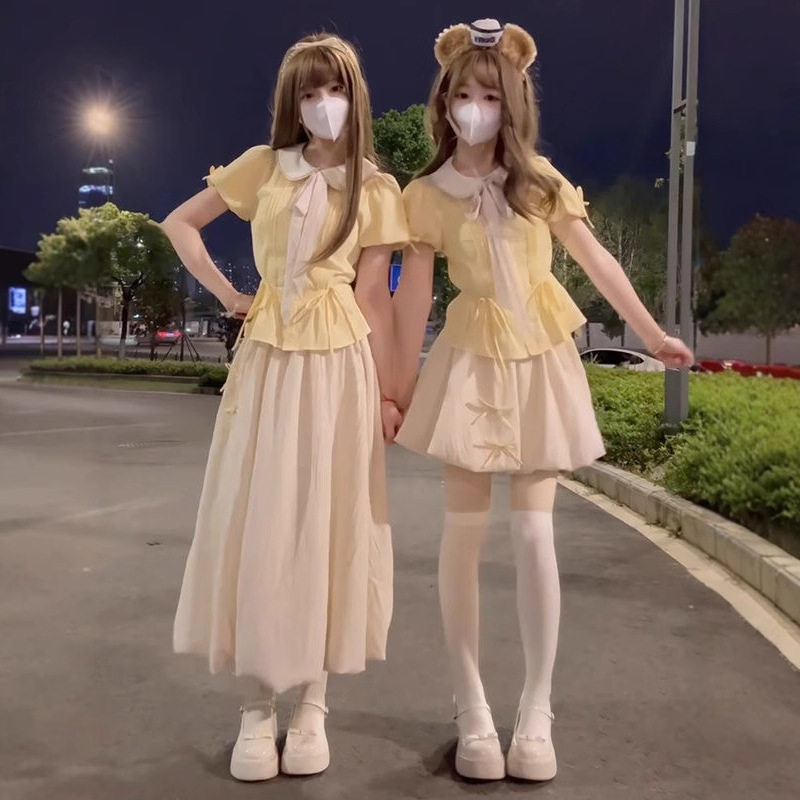 夏日甜美气质绝美时尚法式淑女裙短袖衬衫可爱奶黄上衣两件套装女