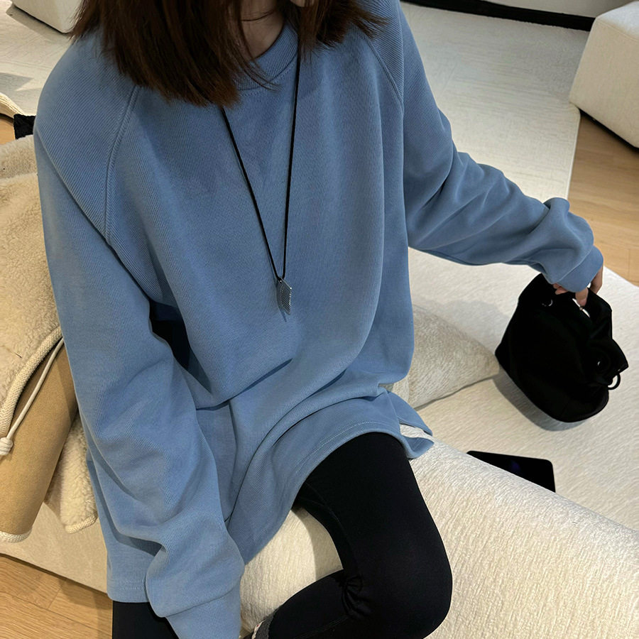 黎诺风背后刺绣加绒打底女24秋冬新款大版纯色长袖T恤