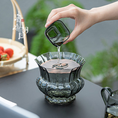 中式玻璃茶洗建水茶渣缸耐热带盖茶盂水盂家用茶具茶桌废水水洗