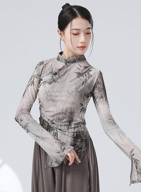 中国新中式古典舞水墨画网纱改良旗袍喇叭袖舞蹈练功形体服现代舞