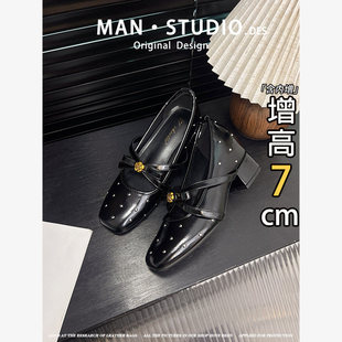 芭蕾鞋 气质方头不累脚单鞋 法式 内增高7CM复古铆钉粗跟玛丽珍女鞋