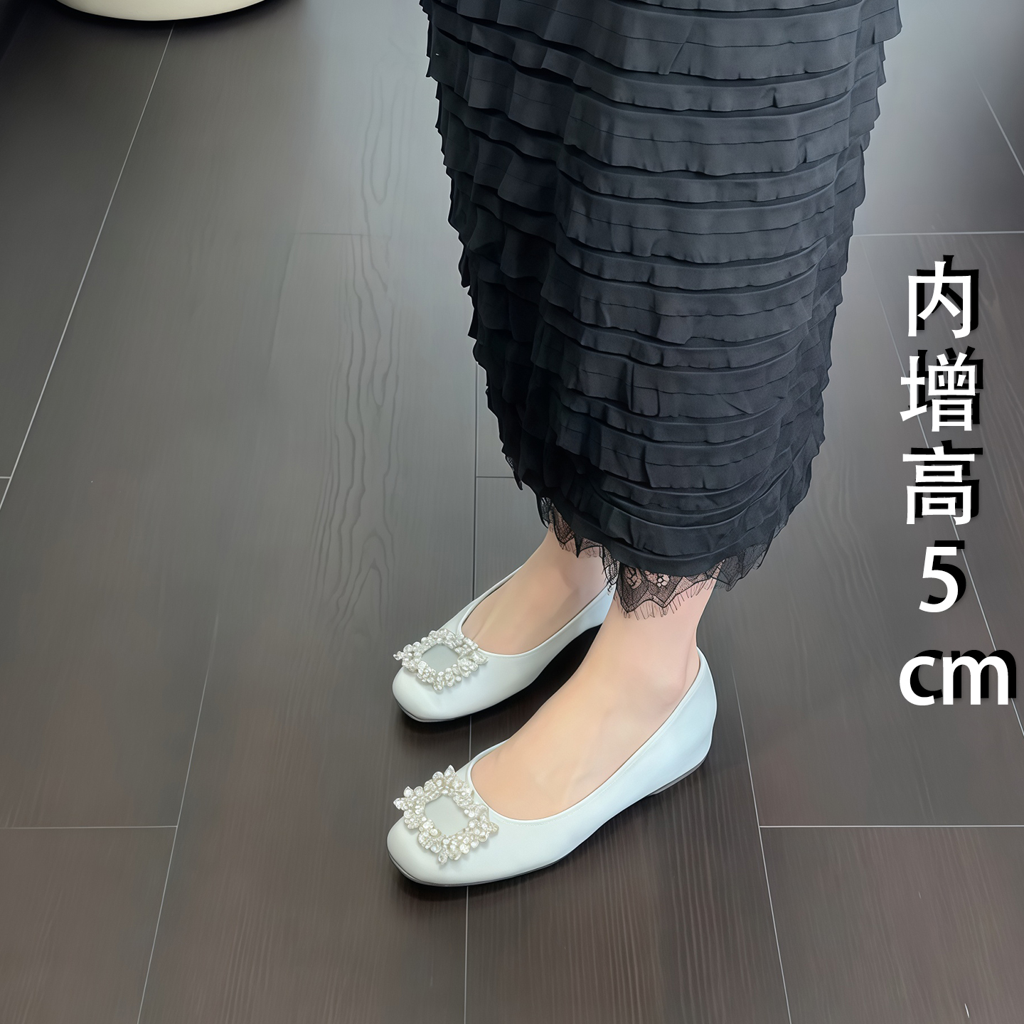 内增高单鞋女方扣水钻缎面平底鞋
