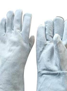 谋福牛皮加长电焊手套防高温阻燃耐磨焊工隔热手套白色均码