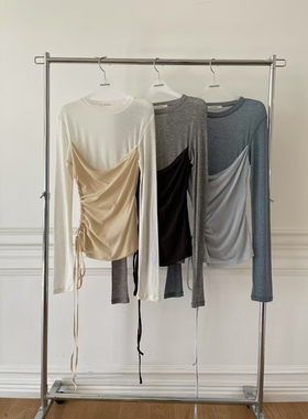 现货韩国东大门2025春夏atmosphere圆领显瘦假两件长袖T恤