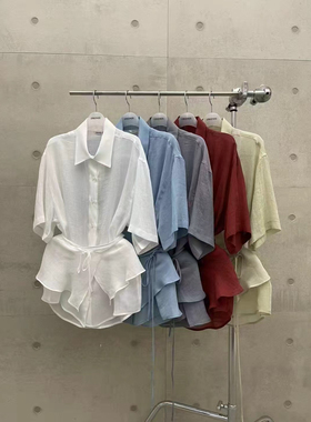 atmosphere现2025夏款纯色轻薄系带围帘屁帘中袖微透衬衫女