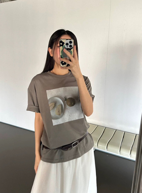 imfact韩国东大门2025夏款复古水果印花百搭圆领宽松短袖T恤