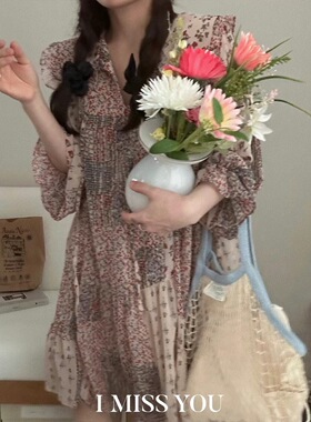 韩国东大门代购imissyou新款宽松彼得潘大翻领减龄娃娃碎花连衣裙