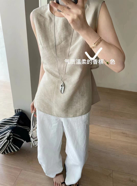 现韩国东大门2024夏季新softness气质纯色显瘦无袖背心小众衬衫女