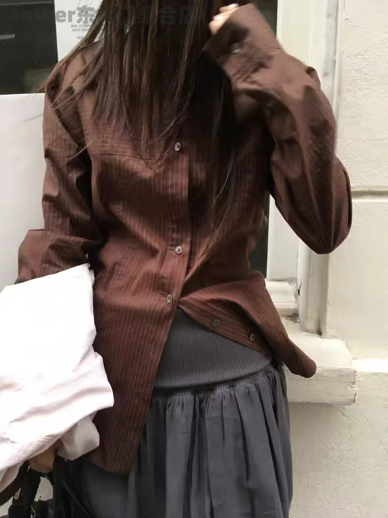 现货breathe韩国东大门2025秋季时尚百搭宽松休闲条纹长袖衬衫