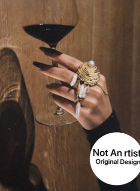 ins网红博主同款欧美风格手作金属贝壳珍珠吊坠戒指长款小众饰品