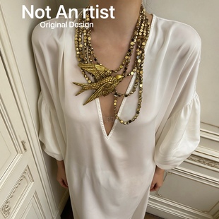 26s新款 金色手工石膏树枝飞鸟燕子夸张大项链欧美复古走秀宴会