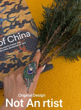 海外订单原创孔雀羽毛戒指小众轻奢水钻戒指珍珠点睛满重工指环