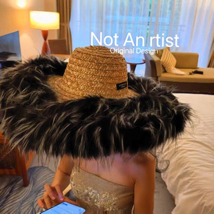 巴黎摩登走秀夸张复古波西米亚风仿水貂皮草野性蓬松大号弧形草帽