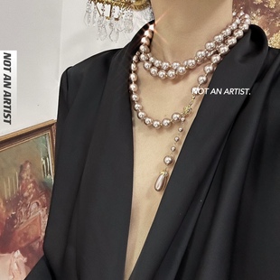 中古vintage琉璃珍珠项链多层缠绕长款 进口琉璃珠人鱼泪珍珠项链