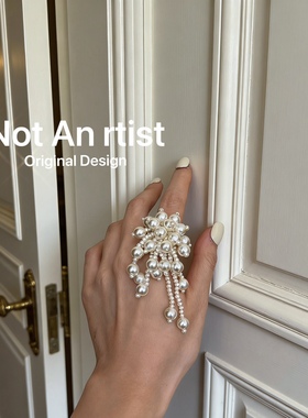 法式复古仿真珍珠串烟花戒指垂落珍珠串模仿烟花轨迹吊坠手工戒指