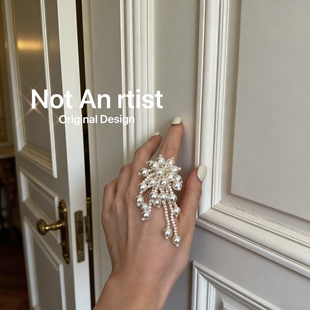 法式 复古仿真珍珠串烟花戒指垂落珍珠串模仿烟花轨迹吊坠手工戒指