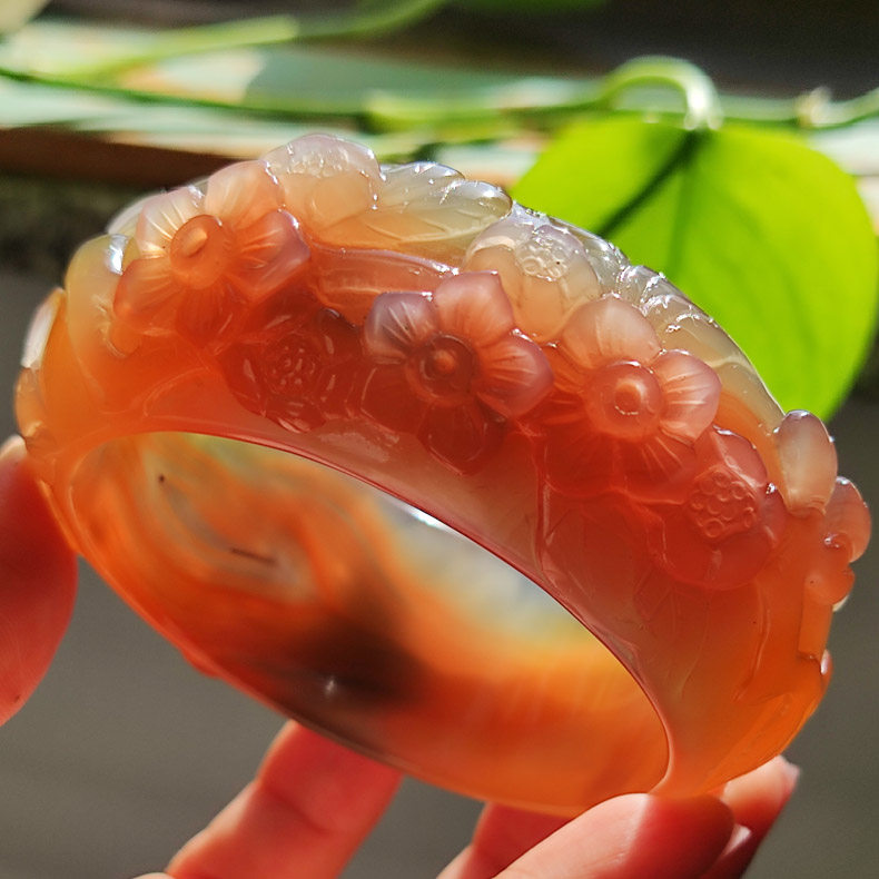 玛瑙印象 桃花夭夭 纯天然巴西粉玛瑙雕刻手镯 高工唯美桃花镯59